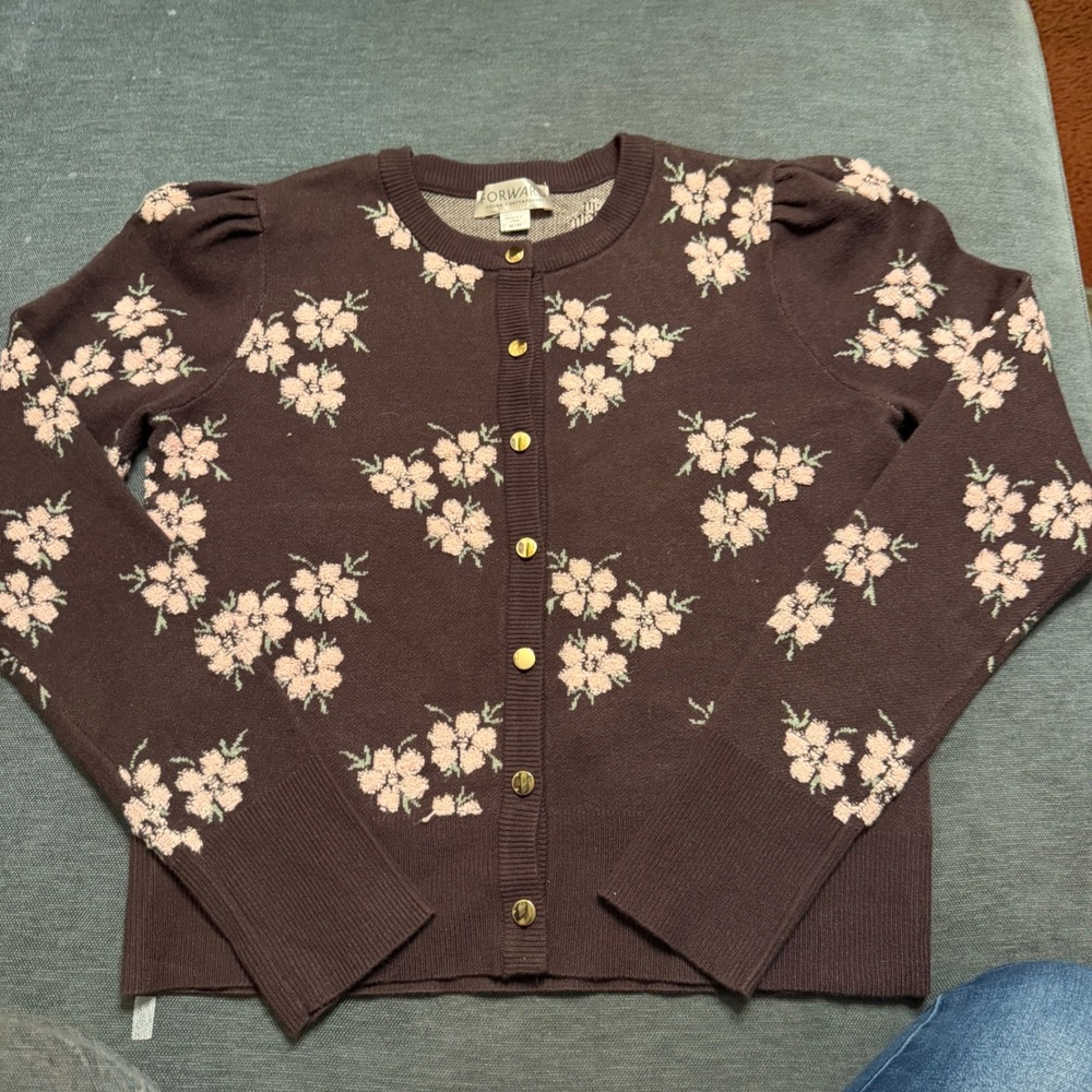 Forward Young Contemporary Brown Floral Cardigan Puffed Shoulder‎ Gold Button M